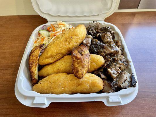 Platter featuring "Oxtail", "Fried Plantains", "Tropical Salad", and "Festivals" (traditional Jamaican sweet fried dough)