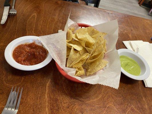 Complimentary chips and salsas