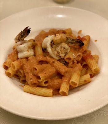 Rigatoni in tomato basil cream sauce with 2 shrimp