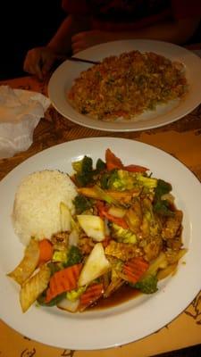 Mixed vegetable stir fry with beef and white rice and Shrimp fried rice. So delicious!!!!