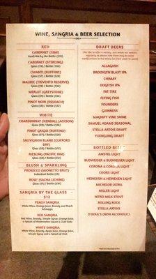 Wine, sangria & beer selection menu