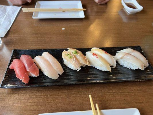 Tuna, hamachi, seared albacore, escolar, mackerel