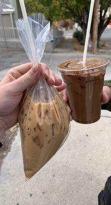 Horchata latte in a bag and Abuelita latte