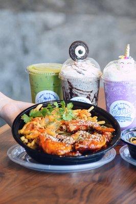 Chicken Wing Combo and Kimchi French Fries, Chamangos Slushy, Cookie Monsters Slushy, Unicorn Milkshake Slushy IG: @joyyeats