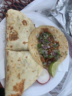 Carne asada quesadilla and chorizo taco