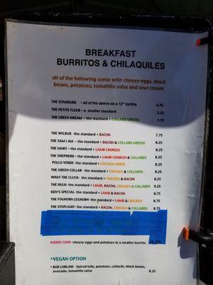 Menu. Lots of options for burritos. Bowls and chilaquiles