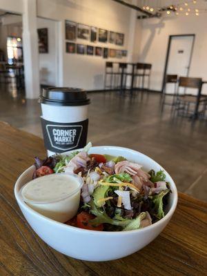 Chai Latte w/ almond milk and the Clubhouse salad