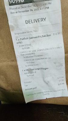 Receipt  Catfish Dinner