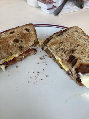 This is the inside of the kids sandwich with bacon and raisin toast