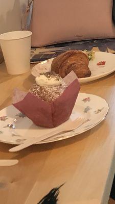 Butter croissant and croissant muffin with whipped ricotta and jam