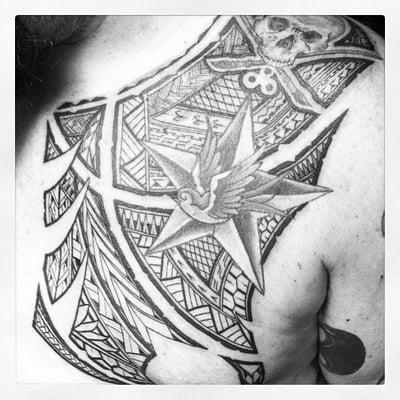 Freehand Polynesian tattoo on chest. Sullen fam. Star, bird, and skull are not mine. By Jacob Hanks