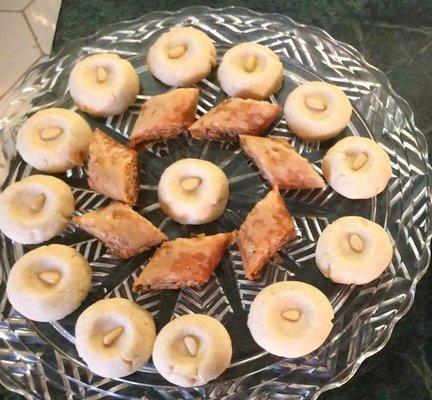 Baklawa and Ghraibe tray - rich walnut pastry with orange blossom syrup and delicate butter cookies topped with pine nuts.