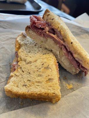 Evenly portioned, tasty classic Reuben!