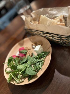 Bread, Herbs, Walnuts, Radishes, and Cheese