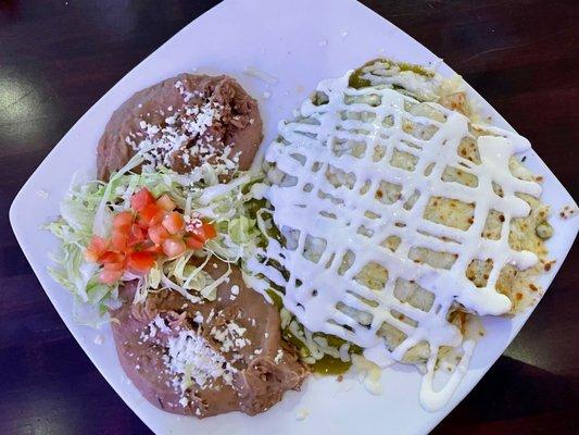 Enchiladas Verdes, double beans no rice