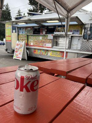 Taco truck and dirt coke.