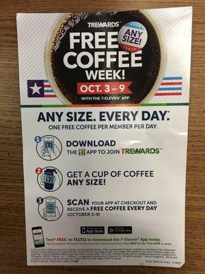 FREE Coffee week Oct. 3-9 with 7Eleven App