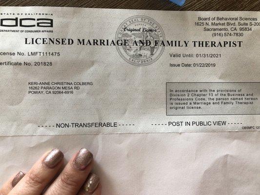 Marriage family therapist licensed from the state of California