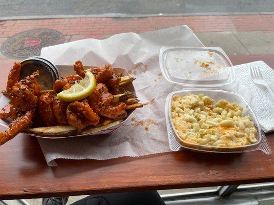 Buffalo shrimp and fries and Aged Reserve Cheddar Mac and Cheese