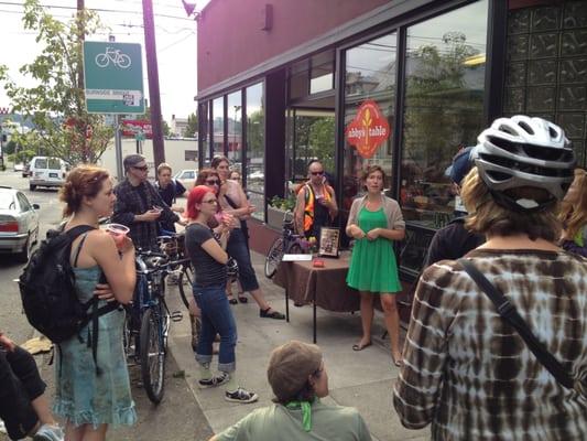 Medicine Ride I coordinated for Pedalpalooza to visit healing chefs, and Naturopathic doctors.  Here outside Abby's Table.