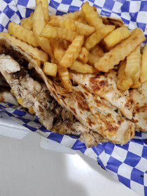 jerk chicken quesadilla and crispy fries