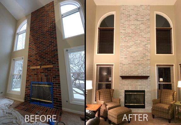 Check out this transformation! Try a whitewash on your fireplace. We used Sherwin-Williams Emerald to achieve these results.