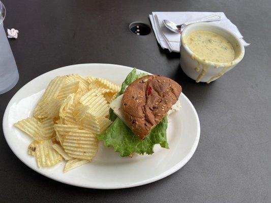 Manager Special: Build your own sandwich with chips and broccoli and cheese soup