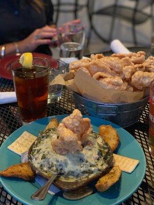 Collard dip and Freshly Fried Pork Rind Basket