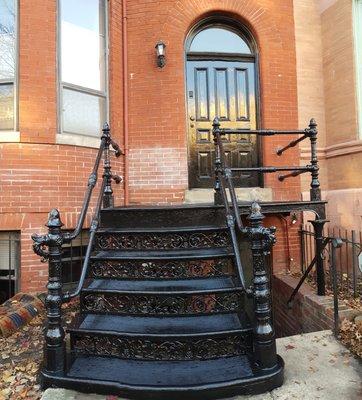 Project complete, broken iron staircase repaired, sanded, primed & painted, along with the large wooden front door, restoring this entrance.