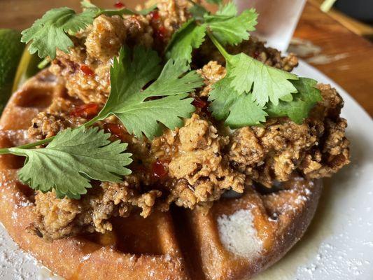 Chicken and Waffle with hot chili honey and lime with cilantro