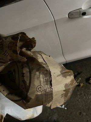 Pic of the bag and how wet it was in the 6 min drive. The food was kept straight btw