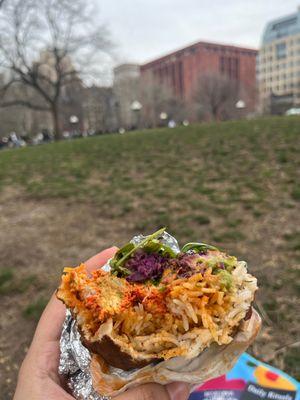 My Chicken tikka masala Naan Tacos (I added rice, highly recommend) in the park