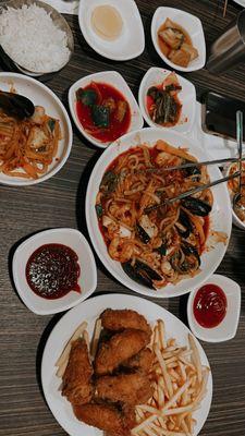 Seafood udon stir fry and crispy fried chicken