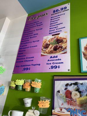 Drink prices and crepe menu