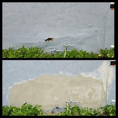 Repaired water damaged stucco on the wall.