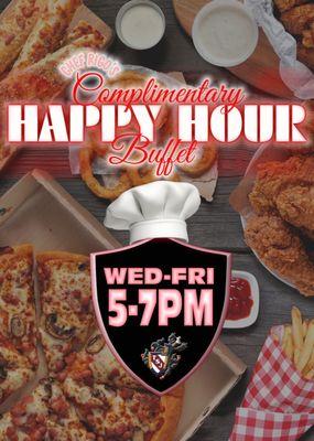 2024 Update: Complimentary Happy Hour Buffet for our guests available Wed & Fri from 5-7pm.