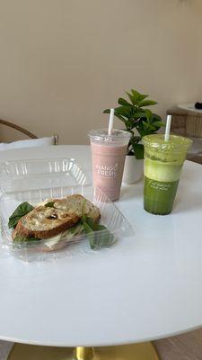 Turkey club sandwich, strawberry banana smoothie & detox juice