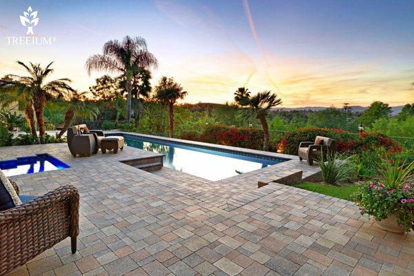 Del Mar, New Pool Deck installation w/ Angeles Castle Cobble in a random 4 piece pattern in in Gray/ Moss/ Charcoal