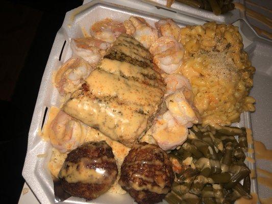 Baked salmon, fried crab balls & steamed shrimp over rice.