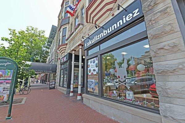 Skullznbunniez is located inside Fountain Square just off of W. Kirkwood Avenue on Bloomington's downtown square.