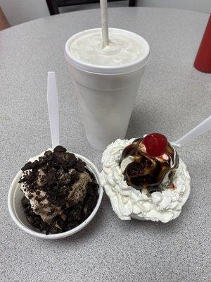 Oreo sundae, hot fudge sundae, chunky Oreo shake