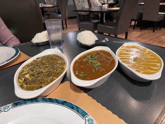 palak paneer, lamb vindaloo & Chicken Tikka Masala