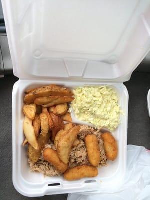 Pulled pork with hush puppies, potato wedges and coleslaw