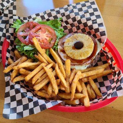 Hawaiian burger with fries