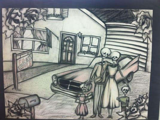 One of my students used charcoal for her painting of failed American dream. It was used in out Dia De Los Muertos altar