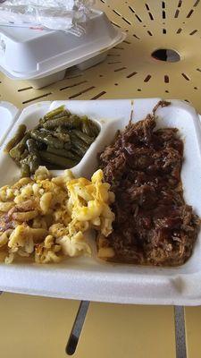 Brisket, green beans, macaroni and cheese