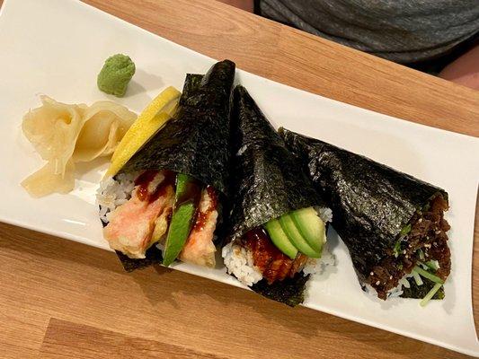 Crab tempura hand roll. R18. Eel & Avocado Hand roll. Bulgogi hand roll