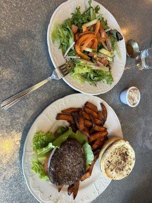 Classic burger, substitute sweet potato fries, and house salad.