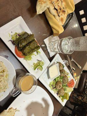 Studded grape leaves and falafel