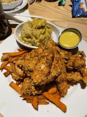 Chicken tenders plate with sweet potato fries, and squash casserole.